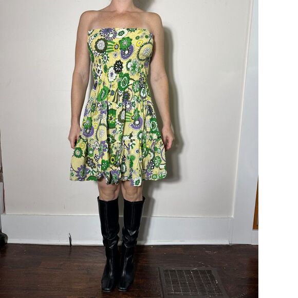 Vintage Bohemian 100% Cotton Strapless Green Yellow Floral Dress Size Large - Picture 1 of 4